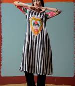 Mul Cotton Striped Printed A Line Kurta With Solid Trouser