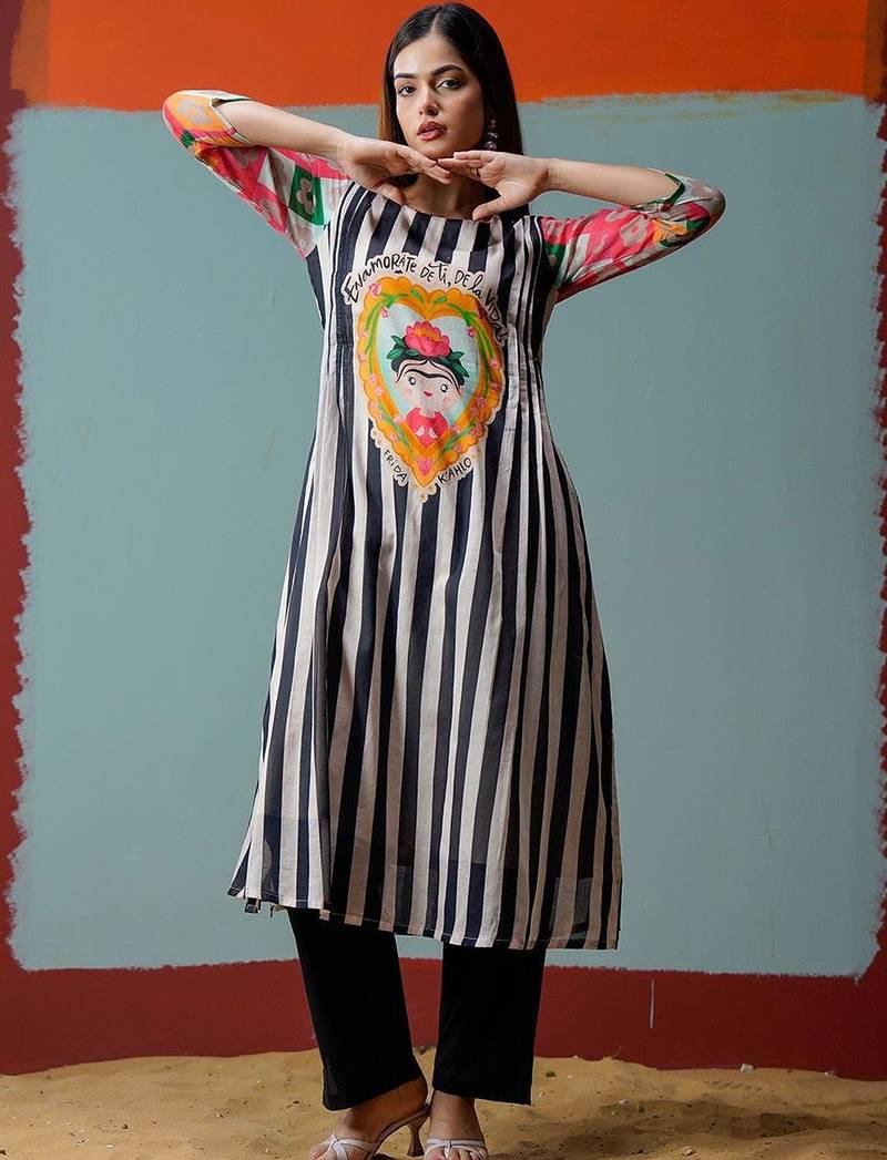 Mul Cotton Striped Printed A Line Kurta With Solid Trouser