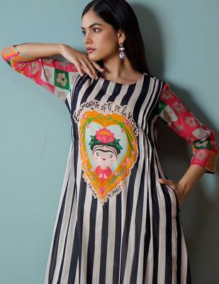 Mul Cotton Striped Printed A Line Kurta With Solid Trouser 2