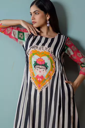 Mul Cotton Striped Printed A Line Kurta With Solid Trouser