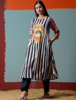 Mul Cotton Striped Printed A Line Kurta With Solid Trouser 3