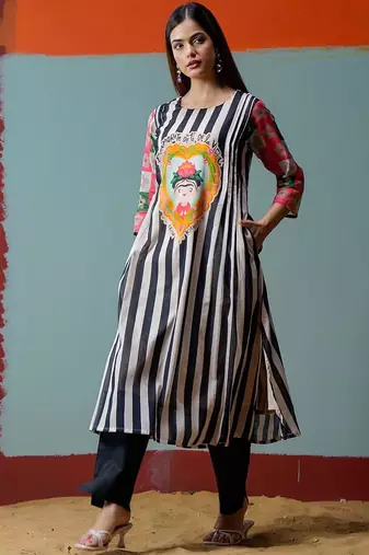 Mul Cotton Striped Printed A Line Kurta With Solid Trouser