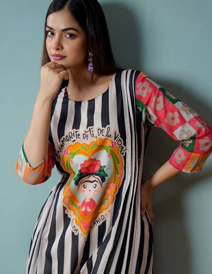 Mul Cotton Striped Printed A Line Kurta With Solid Trouser 4