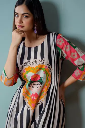 Mul Cotton Striped Printed A Line Kurta With Solid Trouser