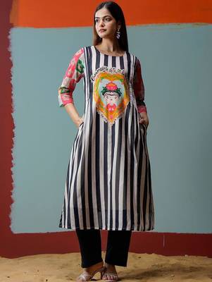 Mul Cotton Striped Printed A Line Kurta With Solid Trouser 6