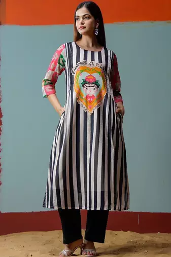 Mul Cotton Striped Printed A Line Kurta With Solid Trouser