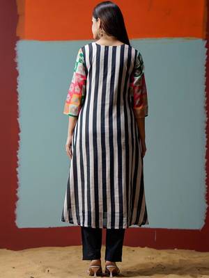 Mul Cotton Striped Printed A Line Kurta With Solid Trouser 7