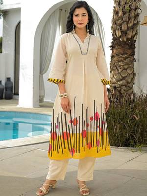 Women Printed Panelled Thread Work Kurta with Trousers 7