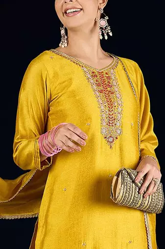 Floral Yoke Design Beads & Stones Straight Kurta With Trousers & Dupatta