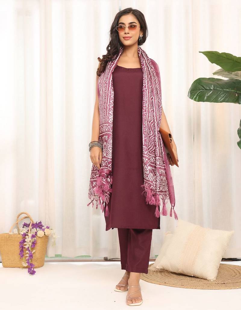 Violet Square Neck Sleeveless Straight Kurta With Trousers & Dupatta
