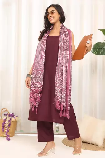 Violet Square Neck Sleeveless Straight Kurta With Trousers & Dupatta
