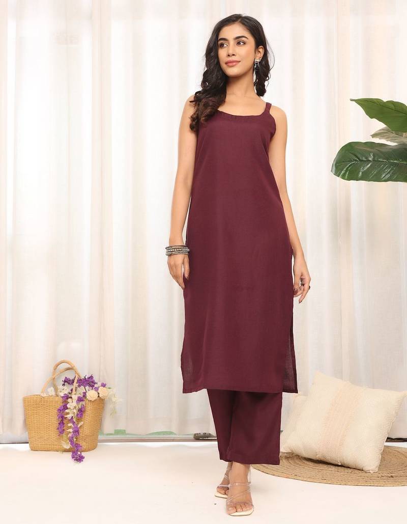 Violet Square Neck Sleeveless Straight Kurta With Trousers & Dupatta