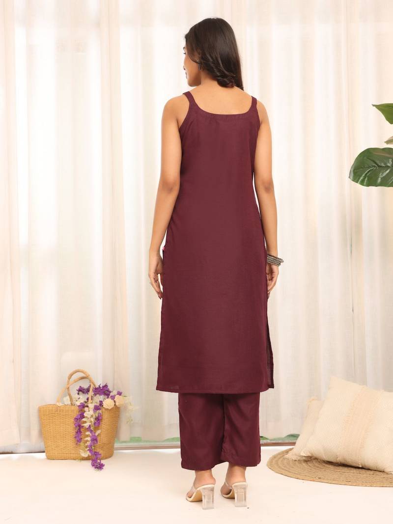 Violet Square Neck Sleeveless Straight Kurta With Trousers & Dupatta