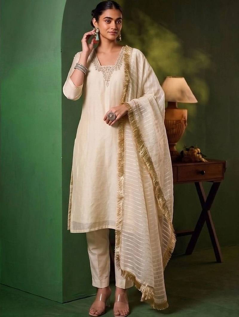 Women Embroidered Regular Thread Work Kurta with Trousers & With Dupatta