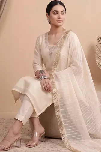 Women Ethnic Motifs Embroidered Regular Thread Work Kurta with Trousers & With Dupatta