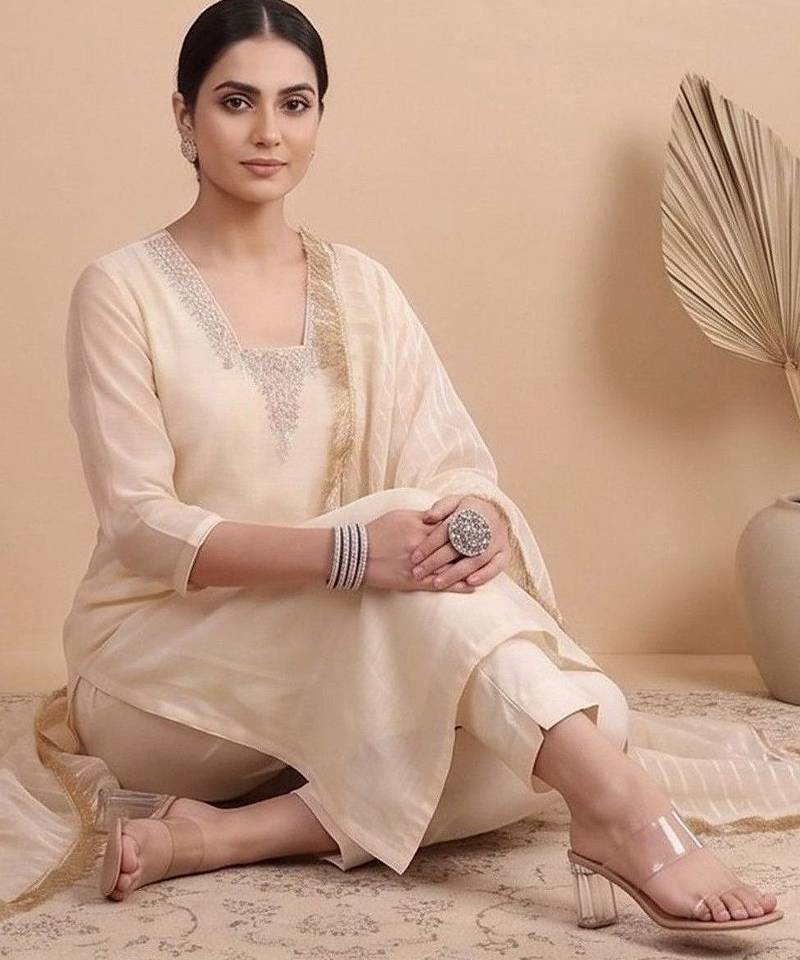 Women Ethnic Motifs Embroidered Regular Thread Work Kurta with Trousers & With Dupatta