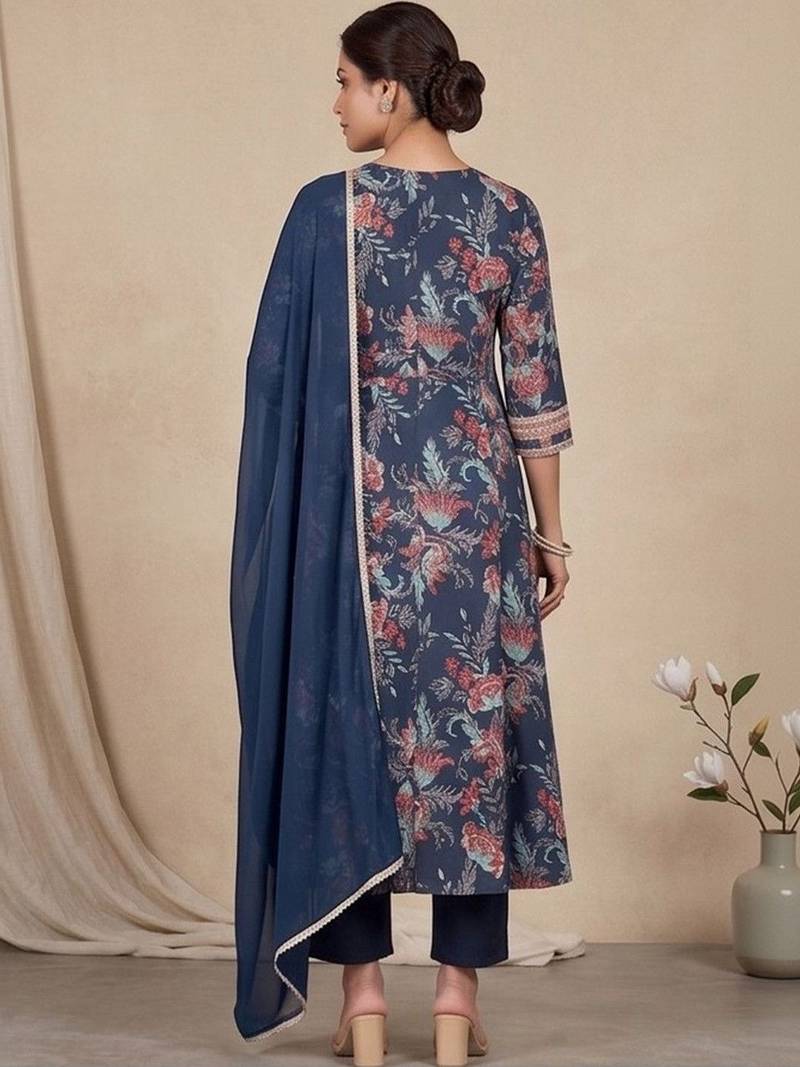 Women Floral Printed Regular Thread Work Pure Cotton Kurta with Trousers & With Dupatta
