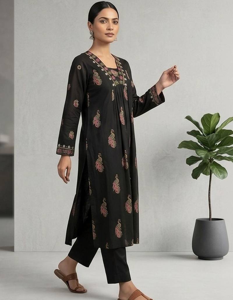 Women Ethnic Motifs Printed Regular Thread Work Pure Cotton Kurta with Trousers & With Dupatta