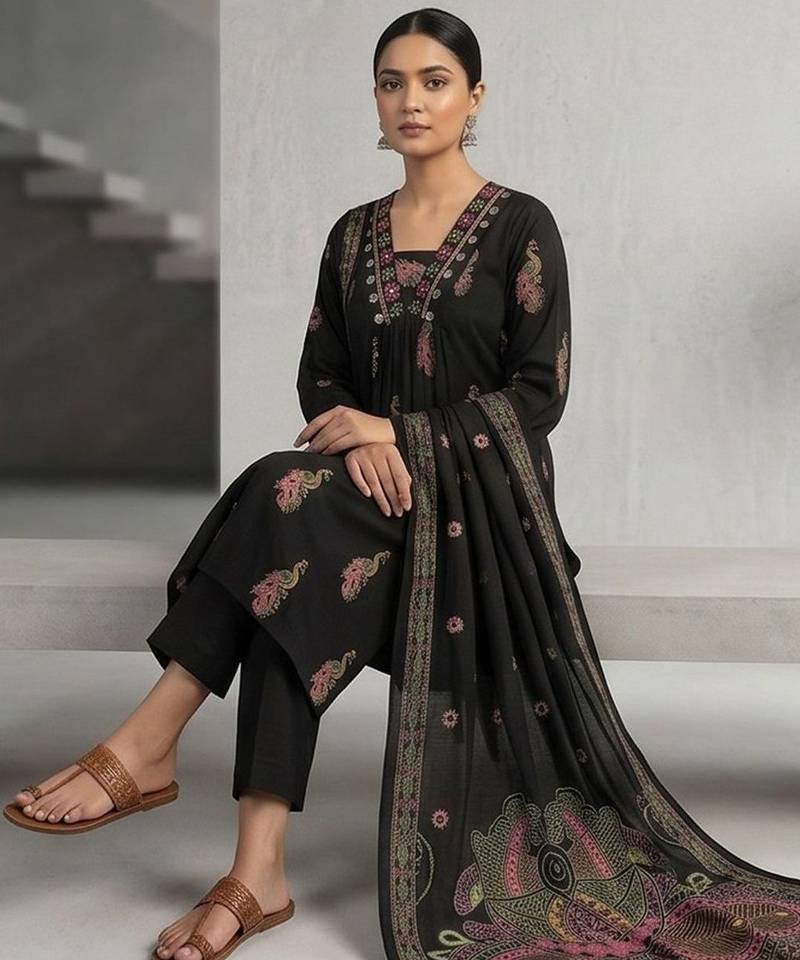 Women Ethnic Motifs Printed Regular Thread Work Pure Cotton Kurta with Trousers & With Dupatta