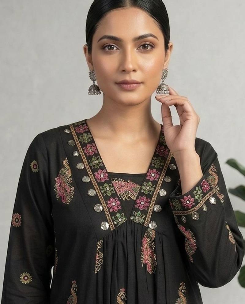 Women Ethnic Motifs Printed Regular Thread Work Pure Cotton Kurta with Trousers & With Dupatta