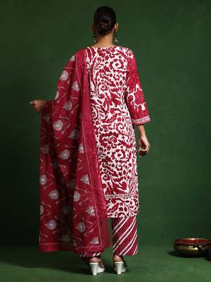 Women Printed Regular Thread Work Pure Cotton Kurta with Trousers & With Dupatta 6