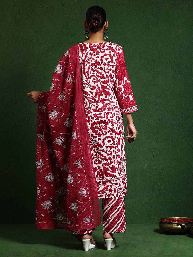Women Printed Regular Thread Work Pure Cotton Kurta with Trousers & With Dupatta