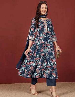 Women Floral Printed Regular Pure Cotton Kurta with Trousers & With Dupatta 7