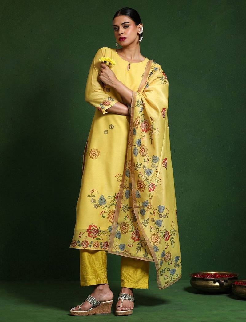 Floral Embroidered Sequinned Chanderi Silk Kurta with Trousers & Dupatta