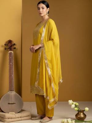 Women Ethnic Motifs Embroidered Regular Thread Work Kurta with Trousers & With Dupatta 1