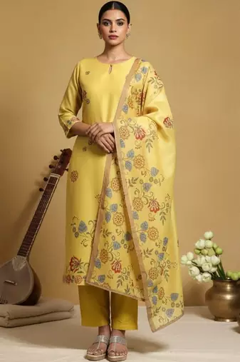 Women Floral Printed Regular Chanderi Silk Kurta with Trousers & With Dupatta