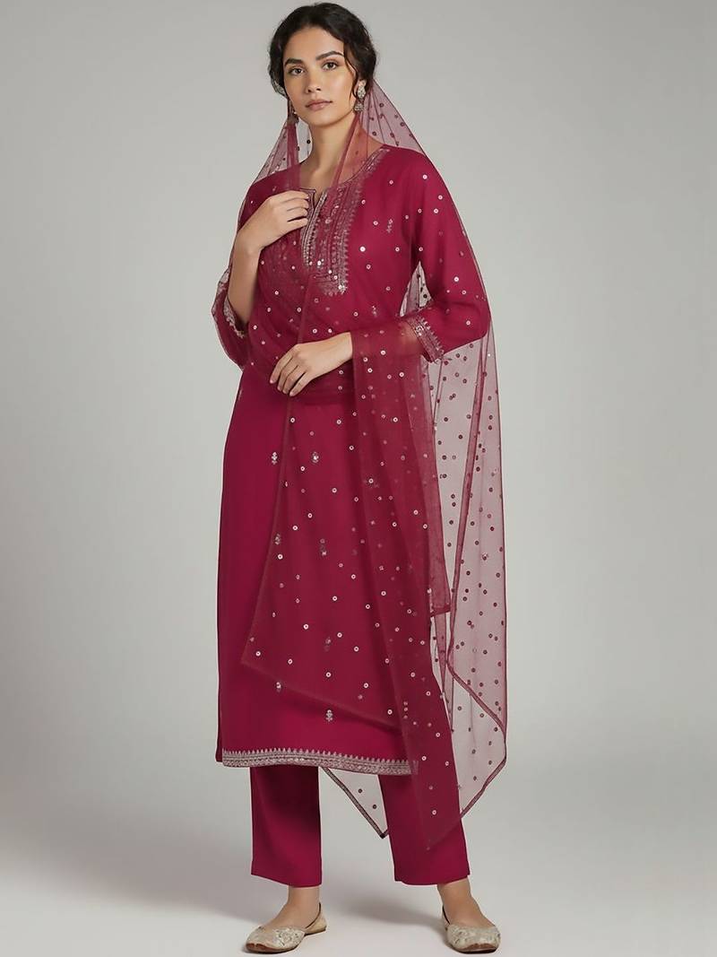 Women Ethnic Motifs Embroidered Regular Sequinned Kurta with Trousers & With Dupatta
