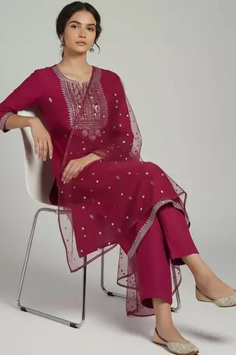 Women Ethnic Motifs Embroidered Regular Sequinned Kurta with Trousers & With Dupatta