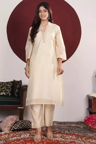 Embroidered Straight Kurta with Trousers & With Dupatta