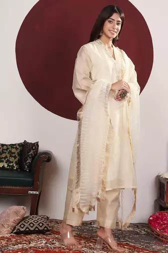 Embroidered Straight Kurta with Trousers & With Dupatta