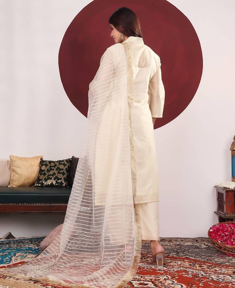 Embroidered Straight Kurta with Trousers & With Dupatta