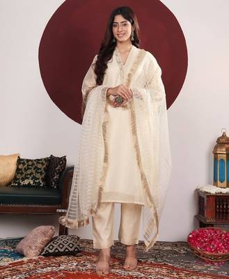 Embroidered Straight Kurta with Trousers & With Dupatta 7