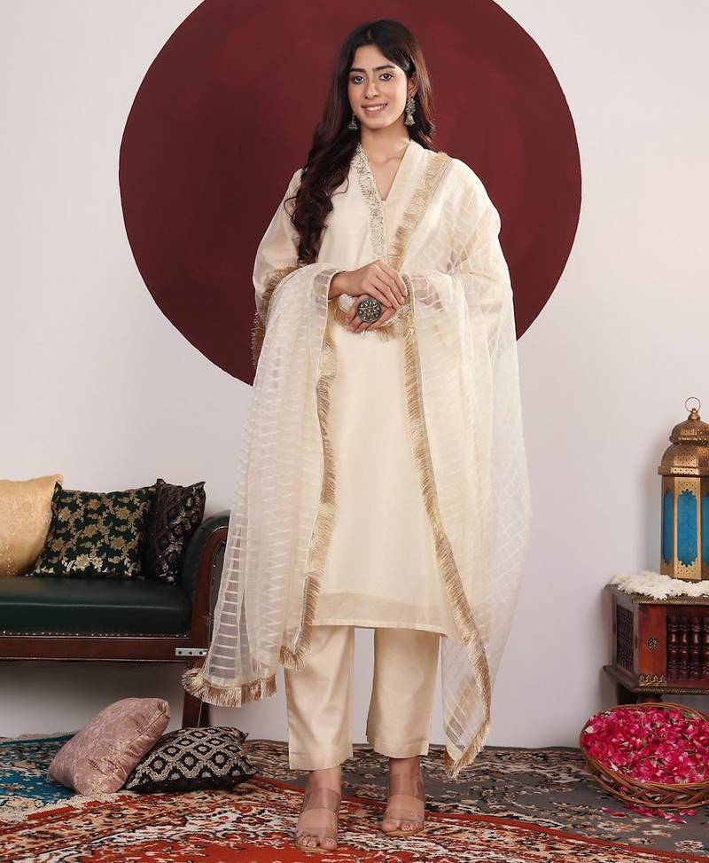 Embroidered Straight Kurta with Trousers & With Dupatta