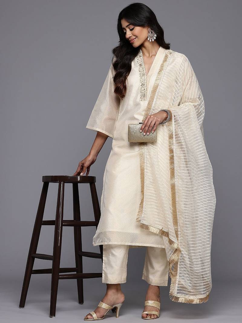 Floral Embroidered Kurta with Trousers & With Dupatta