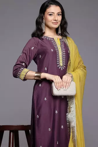 Floral Embroidered Zari Kurta With Palazzos & Dupatta