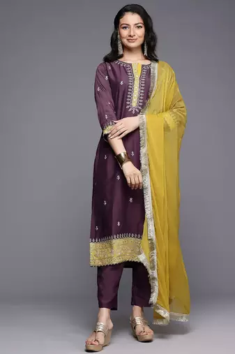 Floral Embroidered Zari Kurta With Palazzos & Dupatta