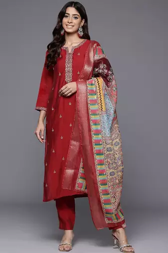 Ethnic Motifs Zari Embroidered Mirror Work Kurta With Trousers & Dupatta