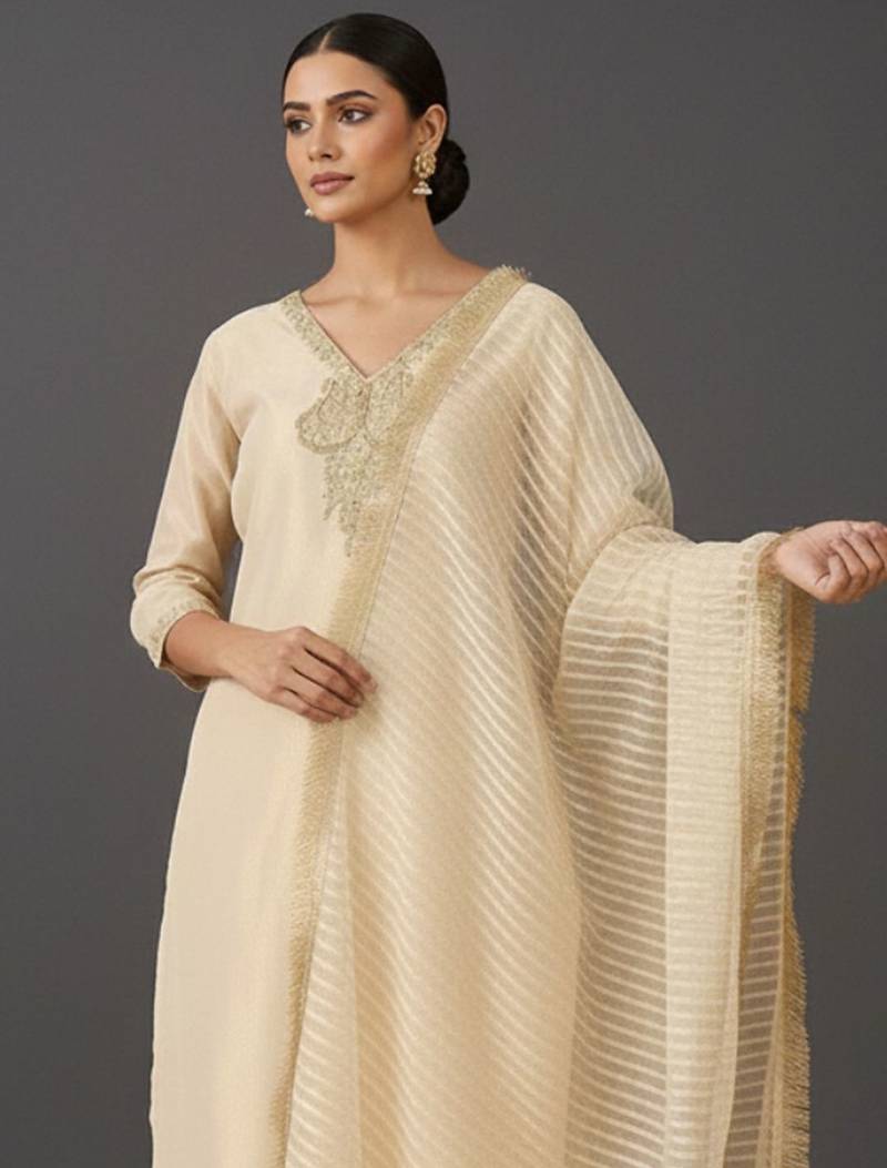 Women Embroidered Regular Thread Work Kurta with Trousers & With Dupatta