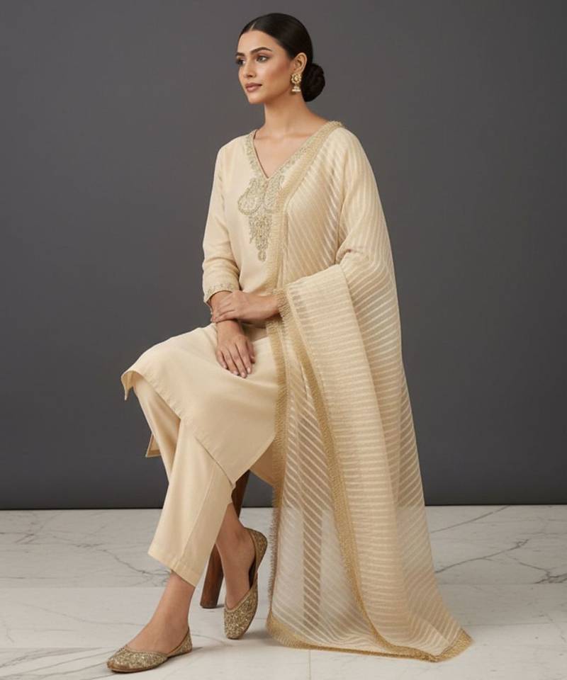 Women Embroidered Regular Thread Work Kurta with Trousers & With Dupatta