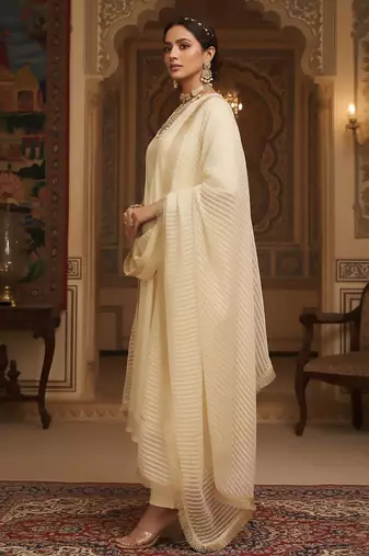 Women Regular Thread Work Kurta with Trousers & With Dupatta