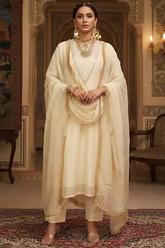 Women Regular Thread Work Kurta with Trousers & With Dupatta