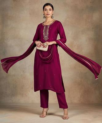 Women Ethnic Motifs Embroidered Regular Thread Work Kurta with Trousers & With Dupatta 1