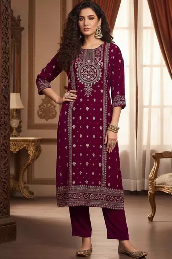Women Ethnic Motifs Embroidered Regular Thread Work Velvet Kurta with Trousers