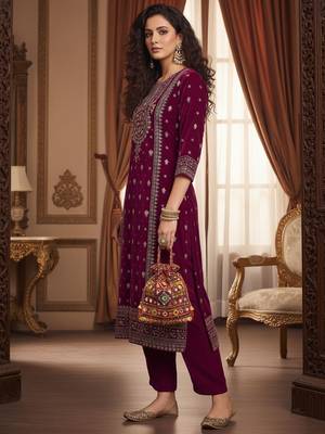Women Ethnic Motifs Embroidered Regular Thread Work Velvet Kurta with Trousers 3