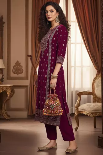 Women Ethnic Motifs Embroidered Regular Thread Work Velvet Kurta with Trousers