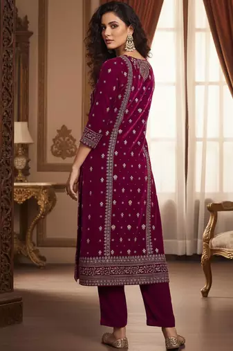 Women Ethnic Motifs Embroidered Regular Thread Work Velvet Kurta with Trousers
